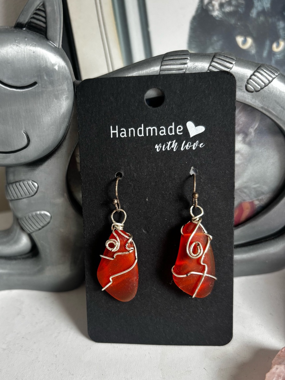 Handmade Amber Sea Glass Wire-Wrap Earrings -